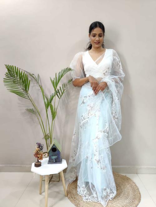 SATYAM COLLECTION RAINBOW TRIPLE SEQUENCES AND EMBROIDERY WORK HEAVY BUTTERFLY NET SAREE.