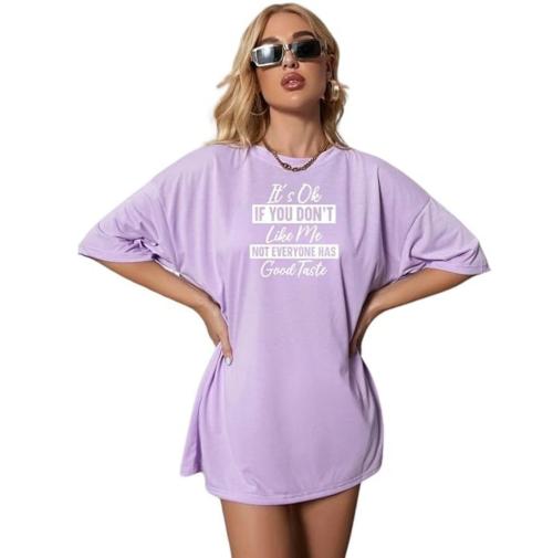 STYLICITY New Fashionable Cotton Blend Texture Print Round Neck Half Sleeve Drop Shoulder Oversized T-Shirt for Women (Lavender)