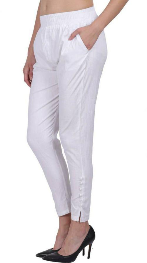 Duve Fashion Women White Solid Cotton Lycra Blend Casual Trousers