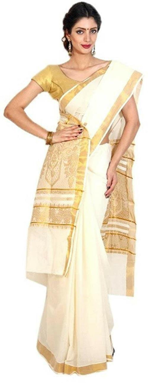 Fashionkiosks Women Beige And Cream Cotton Kerala Kasavu Saree With Blouse Piece