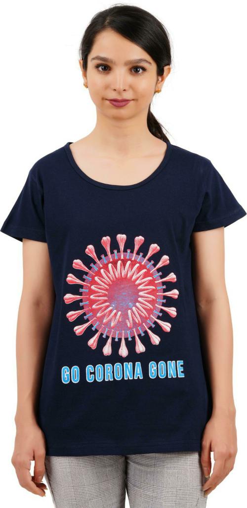 MIDAAS Women Dark Blue Graphic Pure Cotton Round Neck Tshirt (S)