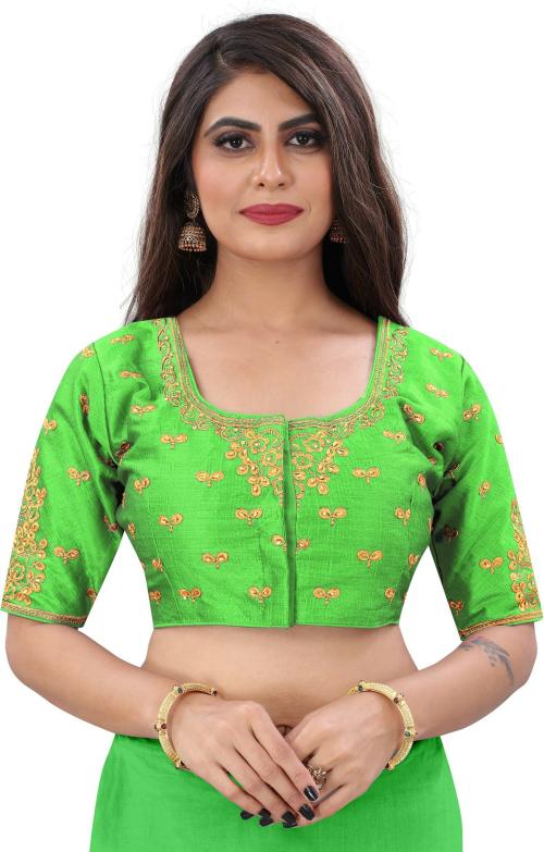 Jay Pal Women Light Green Embriodered Art Silk U-Neck Blouse