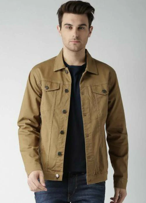 Klizen Men Khaki Solid Denim Full Sleeve Jacket Size S