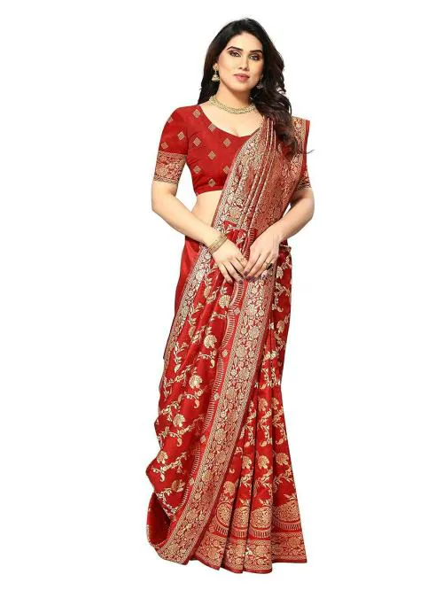Sidhidata Women's Kanjivaram Banarasi Jacquard Silk Saree With Blouse Piece (Free Size) Red