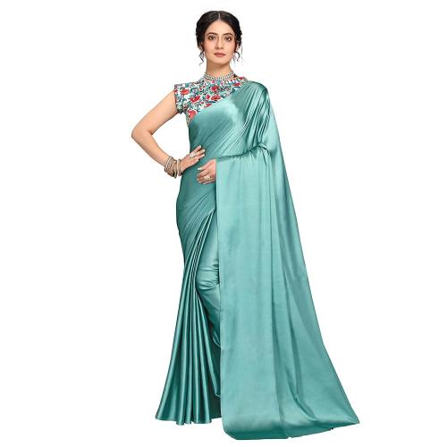 Anant Designer Studio Women Light Green Plain Soft Satin And Art Silk Saree With Digital Printed Designer Blouse Piece
