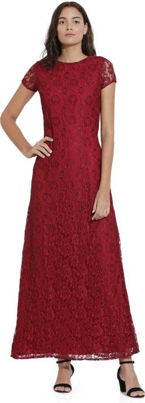 scenestealer Women Maroon Self Design Net Gown Dress - S