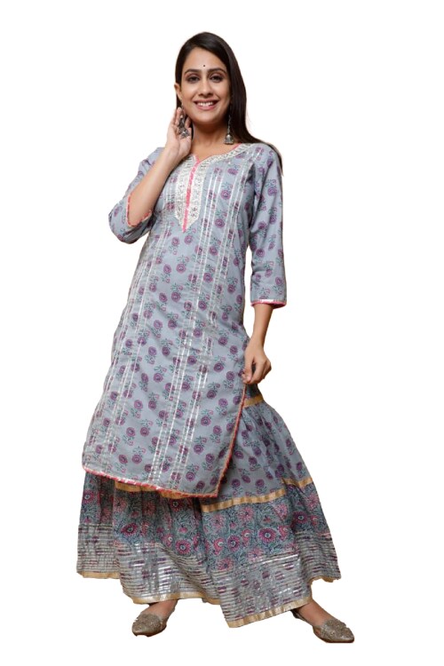 Clickedia Women's Fully Stitched Printed Cotton with Gotta Patti Heavy Gota Patti and Lace work Jaipuri Kurta and Sharara Set