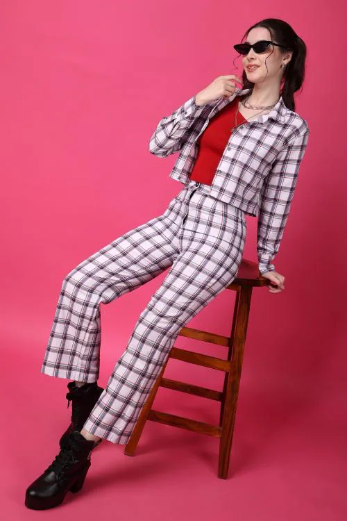 Popwings Casual White Checks Print Crop Shirt and Trouser Set for Women | Shirt and Pant Co-ord Set for Women | Full Sleeves Co-ord Set for Women | Western 2 Piece Set for Women