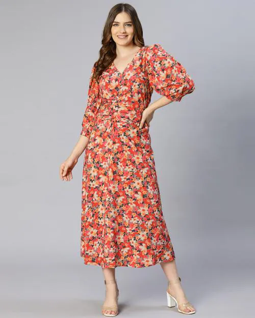 Autuminal muticolored floral printed puff sleeved pleated women dress