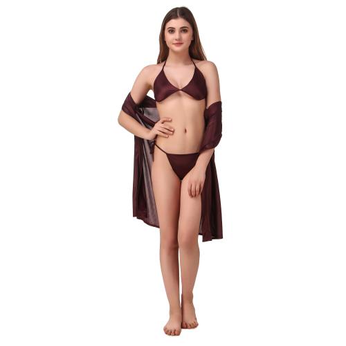 REPOSEY Women's Satin Short Robe with Bra and Thong Set of 3 pcs(3PC303-336_Brown) (Free Size)