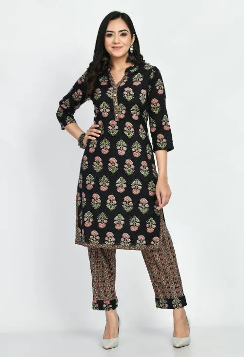 NEEL & NED Women's Black Cotton Printed Kurta with Pant - Chic Elegance