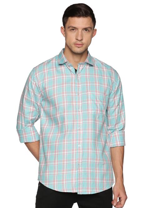 YHA Mens Cyan Blue Check Cotton Shirt