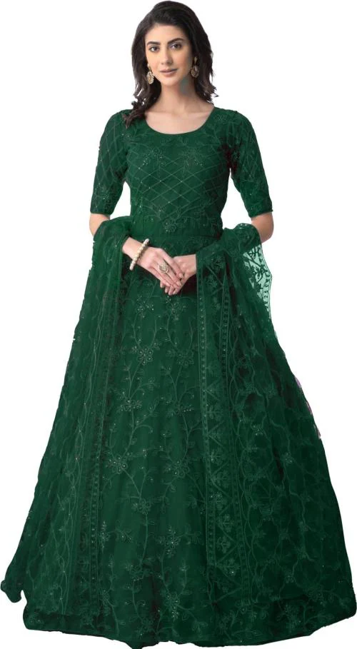 Vaani Creation Women Green Embroidered Net Anarkali Gown Dress - Free Size