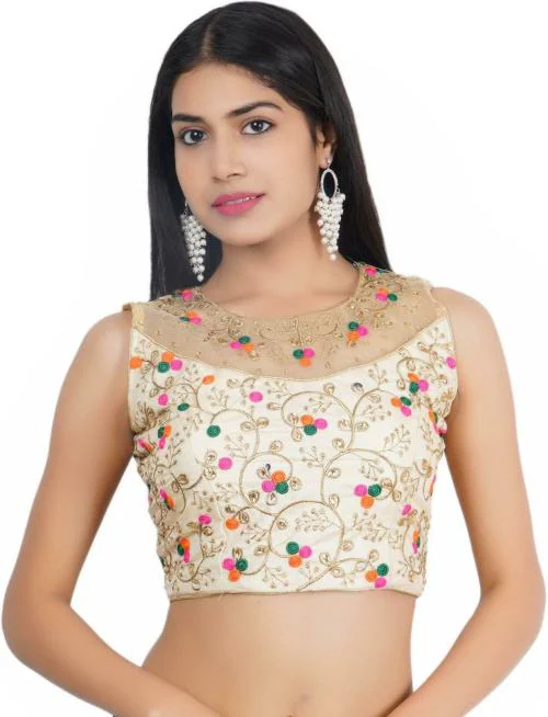 Trendzmy Women White Embriodered Cotton Silk Boat Neck Blouse, Free Size