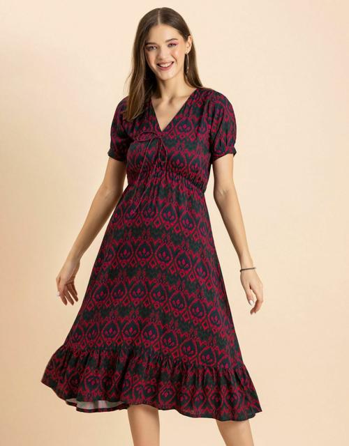 Moomaya Women's Printed Summer Dress, V-Neck Ruffled Viscose Midi Dress, Sundress