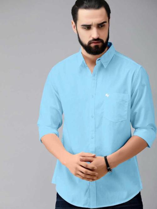 Bought First Men Light Blue Solid Pure Cotton Casual Shirt (M)