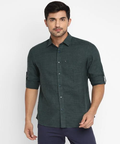 Red Chief Dark Green Full Sleeve Printed Smart Slim Linen Casual Full Shirt For Men
