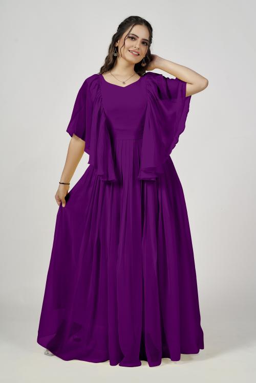 LABEL D11 Women Purple Solid Georgette Stitched Flared Gown - L