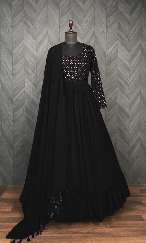 VAANU Embroidered Georgette Stitched Flared/A-line Gown  (Black)