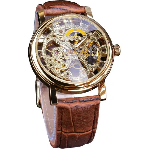 WATCHVERSE Jet Antique Retro Mechanical Skeleton Steampunk Genuine Leather Analog Watch - For Men Mechanical Fully Automatic 3D Laser Art Pattern Carving Moon Phase Tourbillion
