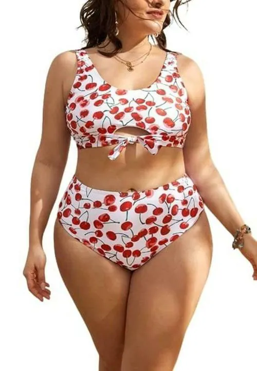 Plus Curvves Plus Cherry Print Knot Hem Bikini Swimsuit - 7XL