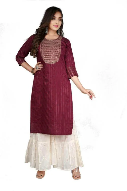 LUPIQ Women Embroidered Cotton Silk Straight Kurta (Pink)-XXXL