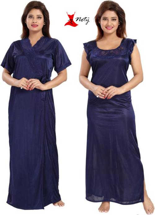 Noty Women's- Nightwear Set- Nighty with Robe- Satin Fabric- 2 Pc with Robe (Navy Blue, Free Size)