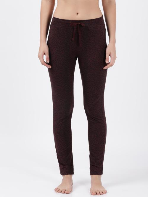 Jockey Style 1301 Women's Super Combed Cotton Elastane Stretch Slim Fit Trackpants With Side Pockets - Wine Tasting Printed