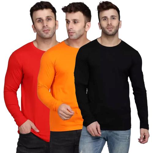 Ansh Fashion Wear Men's Round Neck Full Sleeve Pack Of 3 Tshirt-Orange-Black-Dark Blue T-Shirt for Men | Mens T-Shirt | Trendy T-Shirts for Men