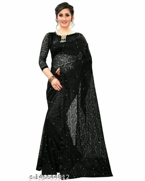 Vkaran Women's Black Net Embroidered Saree With Blouse