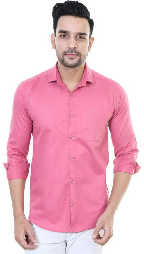 Buy IKG DENIM Men Pink Solid Cotton Blend Regular Fit Spread Collar