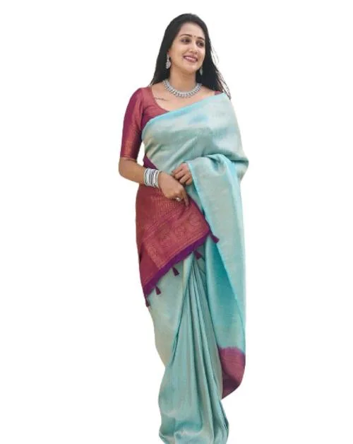 KMLOOKS Women's Soft Lichi Silk Ethnic Saree With Blouse Piece For Wedding Festival (Sky Blue & Purple) - KP-4084