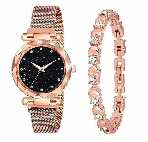 Goldenize Fashion Diamond Rose Gold Magnet Belt Watch For Girls and Women