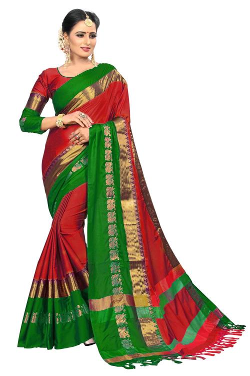 RITARC Women Red Cotton Silk Saree With Blouse Piece