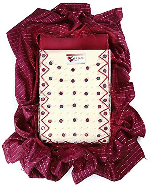 Sun Fashion and Lifestyle Women Cream Hand Embroidery Chanderi Silk Unstitched Salwar Suit Dress Material with Dupatta