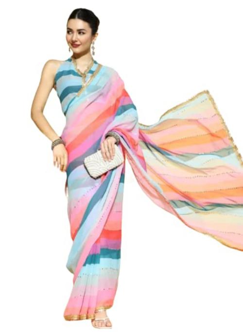 SIBYL CREATION Women Peach Sequince Work Silk Saree With Mirror Work Lace Boarder Unstiched Blouse