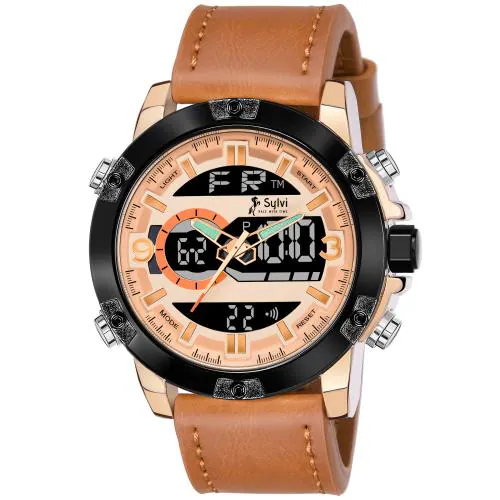 Sylvi Black Dial Beige Leather Strap Analogue-Digital Professional Wrist Watch for Men - 9097CRM