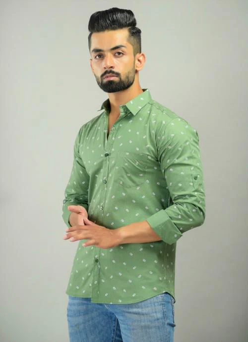 BASE 41 Men Green Printed Pure Cotton Casual Shirts