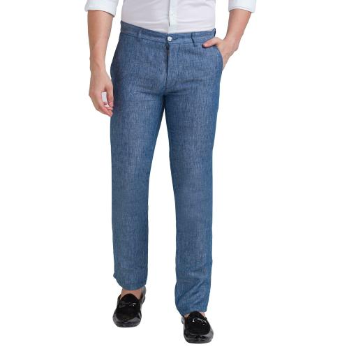 Parx Men Blue Dyed Linen Flat-Front Pants