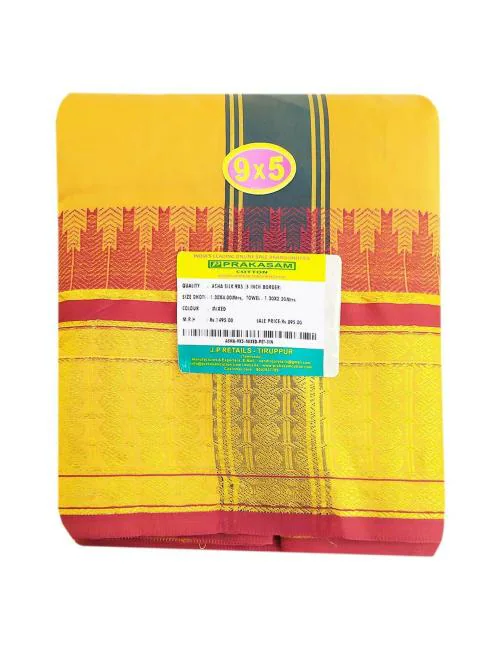 PRAKASAM COTTON COTTON Mens Asha Silk Panjakejam Dhoti towel set (9X5) dhoti 1.28 x 4.00 Mtrs, Towel 1.28 x 2.20 Mtrs