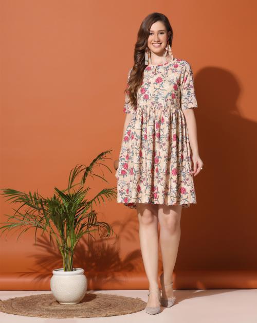 Fashion Dream Women Cream Floral Printed Polyester Dress | Dresses| Women Dress|Dress for Women| Printed Dress| Women Casual Dress| Women A-Line Dress| Floral Print Dress