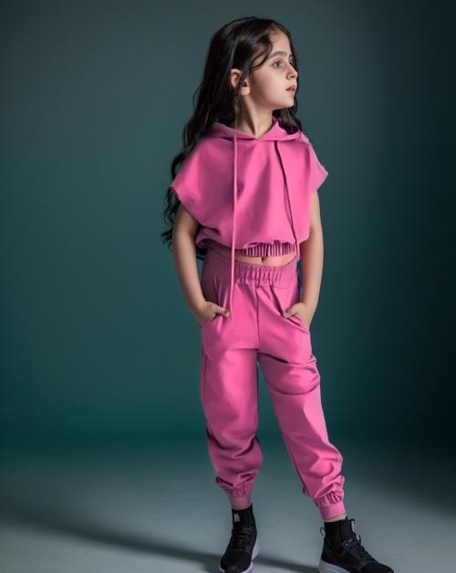 A.R. FASHION Girls Cotton Blend Hood Neck Half Sleeves Top & Bottom Set | Trendy Top & Bottoms for Girls | Fashionable Solid Color Top & Bottoms for Casual Wear | Pink Color | 12-13 Years