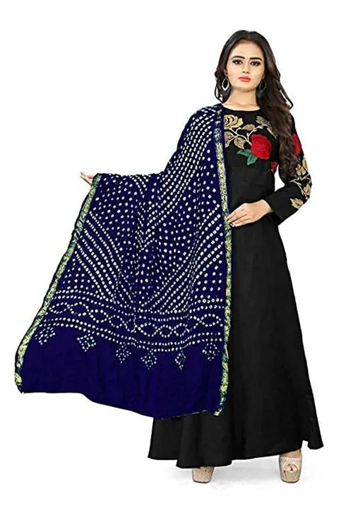 PK HUB Women Navy Blue Bandhani Silk Bandhej Dupatta