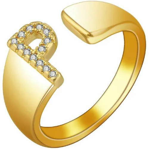 Zivom Initial Alphabets P Letter American Diamond Gold Adjustable Band Ring For Women