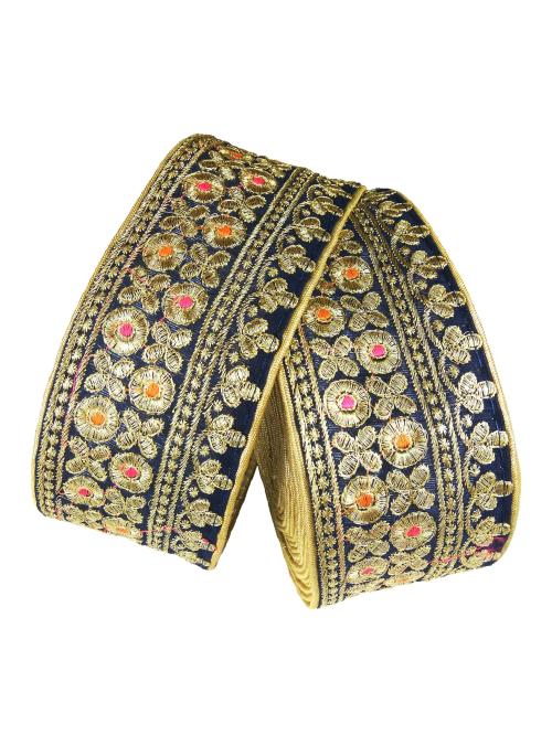 FRIJVEN Embroidery Heavy Gold Work Lace Borders Falls Trim for Dresses, Dupatta, Saree, Skirt, Lehengas, Kurti, Decorative Ribbon (9 Meter x 7 cm Width) (Navy Blue)
