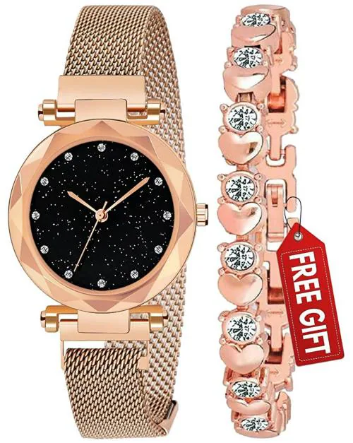 Acnos Analog Black Dial Rose Gold Strap Watch For Women - (DM-ROSEGOLD/ROSEGOLD-BRCLT)