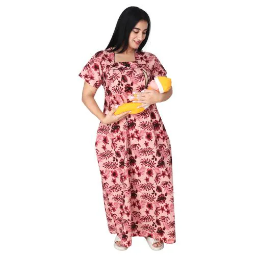 OSF Women's Printed Cotton Floral Maxi Square Neck Feeding Nightwear Mother Night Gown Nighty ( Pack of 1, Pink; Size:- Free NW0388_P)