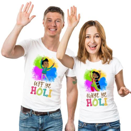 Funky Store White Polyester Tshirt Couple Holi Tshirt