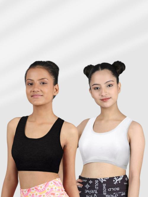 Dchica Girls Set Of 2 Non Wired Non Padded Uniform Beginner Bras Black & White