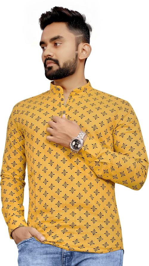 Allan Peter Men Yellow Printed Pure Cotton Single Short Kurta